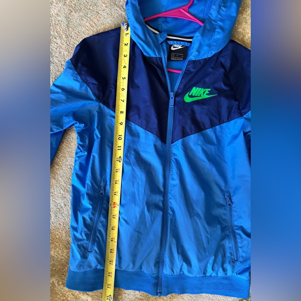 Nike Boys Blue Hooded Windbreaker Jacket Neon Green Logo Youth Large - Picture 9 of 9